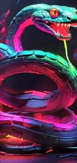 Vibrant digital artwork of a neon-colored snake coiled with glowing effects.