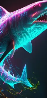 Neon shark digital art with vibrant colors and futuristic design.