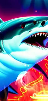 Vibrant neon shark with futuristic design in ocean scene.