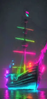 Neon-lit ship sailing on water in vibrant colors.