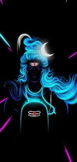 Neon blue Shiva with flowing hair on a black mobile wallpaper.