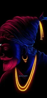 Neon portrait of Shivaji Maharaj with vibrant colors on a dark background.