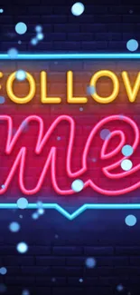 Neon 'Follow Me' sign on a dark blue background.