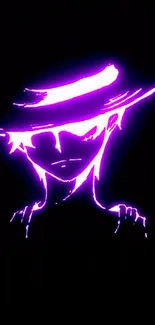 Neon silhouette of an anime character in purple with a black background.