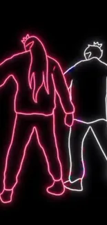 Neon silhouettes of two figures on a black background with a modern aesthetic.