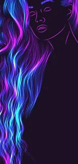 Neon silhouette with vibrant hair in pink and blue hues on dark background.