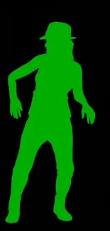 Neon green silhouette of a dancer on a black background mobile wallpaper.