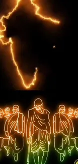 Neon silhouettes marching under an electric outline.