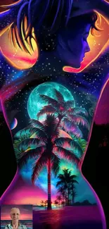 Neon silhouette of a tropical landscape with palm trees and a luminous moon.