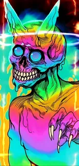 Neon skeleton with vibrant colors in a surreal art wallpaper design.