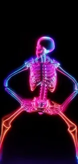 Neon skeleton wallpaper with vibrant colors on a black background.