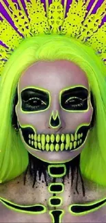 Neon skeleton makeup art with vibrant colors.