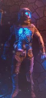 Neon-lit skeleton astronaut surrounded by glowing skeletons on cracked ground.