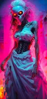 Neon skeleton bride in glowing colors on wallpaper.