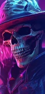 Neon skeleton cowboy in vivid colors.