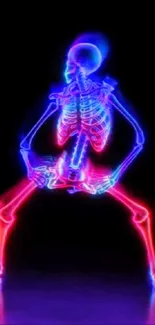 Neon skeleton dancing on black background.