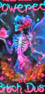 Neon skeleton fantasy artwork with vibrant colors and mystical elements.