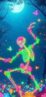 Neon skeleton dances in a glowing forest.