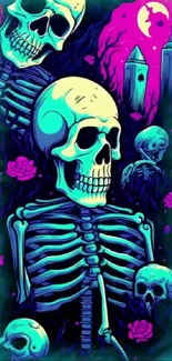 Neon skeleton with pink and blue gothic elements.