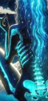 A neon skeleton with glowing blue hair in a cosmic night sky.