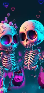 Neon skeleton couple surrounded by glowing hearts in a vibrant Halloween scene.