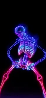 Vibrant neon skeleton on black background.