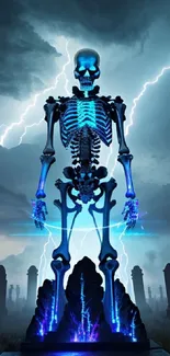 Neon skeleton with lightning in a graveyard, set against a stormy sky.