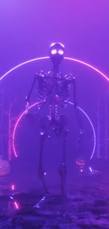 Neon skeleton surrounded by glowing circles in a purple hue.