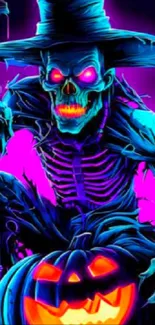 Neon skeleton with glowing pumpkin, witch hat, and purple background.