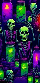 Neon skeletons with glowing jars, vibrant phone wallpaper.