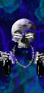 Neon skull and guns with blue background wallpaper.