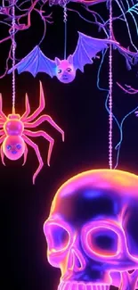 Neon skull and spider wallpaper with vibrant colors.