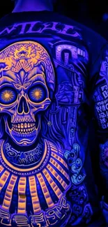 Neon skull art on a black shirt with glowing colors and intricate design.
