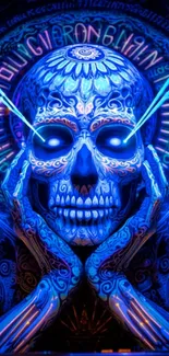 Intricate neon skull design in vibrant blue hues.