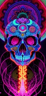 A vibrant neon skull with intricate patterns on a dark background.