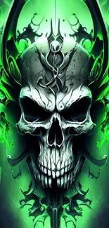 Vibrant neon green skull art with glowing dark themes for mobile wallpaper.