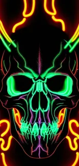 Vivid neon skull art with green highlights and orange flames.