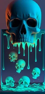 Vivid neon skull art with dripping effects, in teal and orange hues.