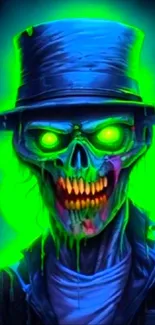 Neon skull art with glowing green holographic effect.