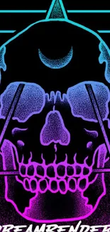 Neon skull with geometric patterns in vibrant colors.