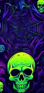 Neon green and purple skull wallpaper with artistic flair.