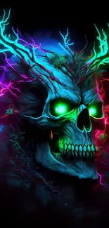 Neon skull with glowing antlers on dark background.