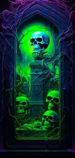 Neon skull art mobile wallpaper with bright green hues.