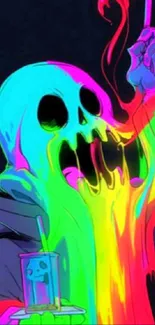 Neon-colored skull dripping vibrant hues on black background.