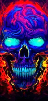 Vibrant neon skull with blue and orange hues for mobile wallpaper.