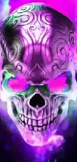 Neon skull with intricate designs in vibrant purple hue.