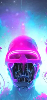 Bright neon skull display with pink and blue accents.