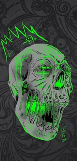 Neon skull artwork on dark patterned background wallpaper.