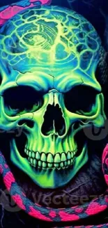 Neon green skull with pink snake design in a dark wallpaper.