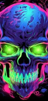 Vibrant neon skull art with blue, pink, and green hues on a dark background.